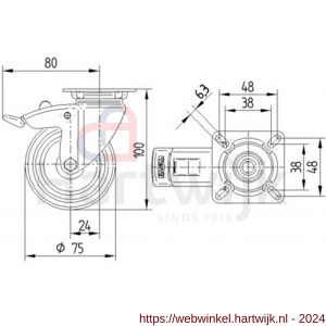 Tente zwenkwiel met rem grijs 75 mm maximaal 75 kg - H21905300 - afbeelding 2