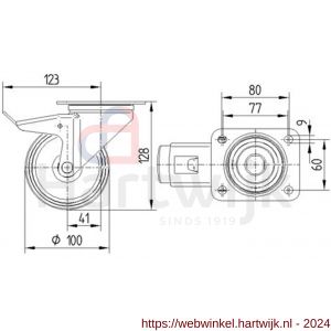 Tente zwenkwiel met plaat met rem grijs 100 mm maximaal 160 kg - H21905272 - afbeelding 2