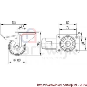 Tente zwenkwiel met plaat met rem zwart 80 mm maximaal 70 kg - H21905280 - afbeelding 2