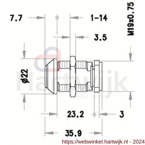 Evva plaatmontagecilinder 19 mm 3KS diameter 22 mm keersleutel verschillend sluitend messing vernikkeld - H22102450 - afbeelding 2