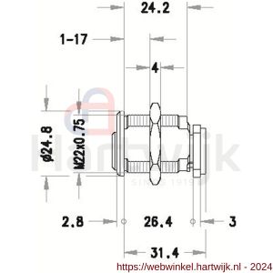 Evva plaatmontagecilinder voor glasdeur 3KS diameter 24,8 mm keersleutel verschillend sluitend messing vernikkeld - H22102461 - afbeelding 2