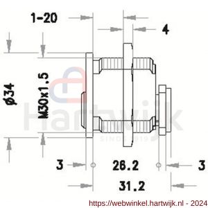 Evva plaatmontagecilinder 3KS M30x1,5 mm keersleutel verschillend sluitend messing vernikkeld - H22102445 - afbeelding 2