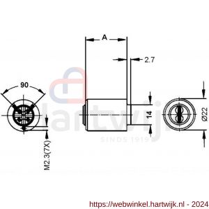 Evva meubelcilinder 67 mm lang 3KS diameter 22 mm keersleutel plan messing vernikkeld - H22100594 - afbeelding 2
