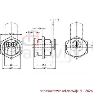 Evva plaatmontagecilinder EPS M30x1,5 mm stiftsleutel conventioneel plan messing vernikkeld - H22102483 - afbeelding 2