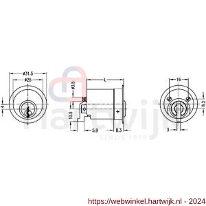 Evva meubelcilinder 26 mm lang EPS diameter 25 mm stiftsleutel conventioneel plan messing vernikkeld - H22100601 - afbeelding 2
