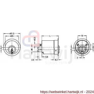 Evva meubelcilinder 36 mm lang NL diameter 25 mm stiftsleutel conventioneel plan messing vernikkeld - H22100667 - afbeelding 2