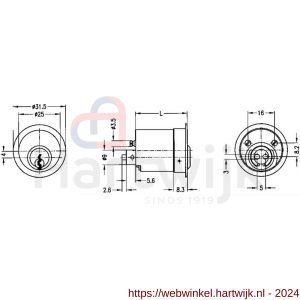 Evva meubelcilinder 36 mm lang NL diameter 25 mm stiftsleutel conventioneel plan messing vernikkeld - H22100666 - afbeelding 2