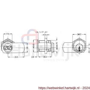 Evva plaatmontagecilinder TSC M22x0,75 mm stiftsleutel conventioneel verschillend sluitend messing vernikkeld - H22102546 - afbeelding 2