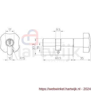 Nemef dubbele Europrofielknopcilinder 133/9P 3 sleutels 2x15 mm verlengd gelijksluitend BW - H19500160 - afbeelding 2