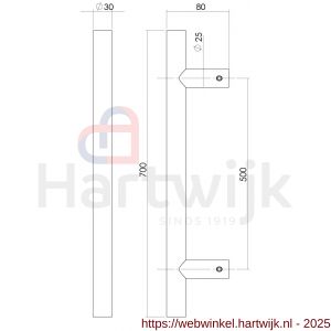 Intersteel Essentials 4327 deurgreep per stuk T-vorm 700x80x30 mm hart op hart 500 mm RVS - H26008692 - afbeelding 2