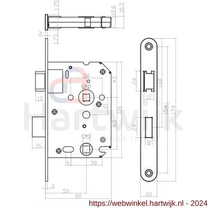 Intersteel Essentials 9542 woningbouw badkamer-toilet slot 63/8 mm voorplaat afgerond RVS 20x174 mm doorn 50 mm met sluitplaat - H26007083 - afbeelding 2